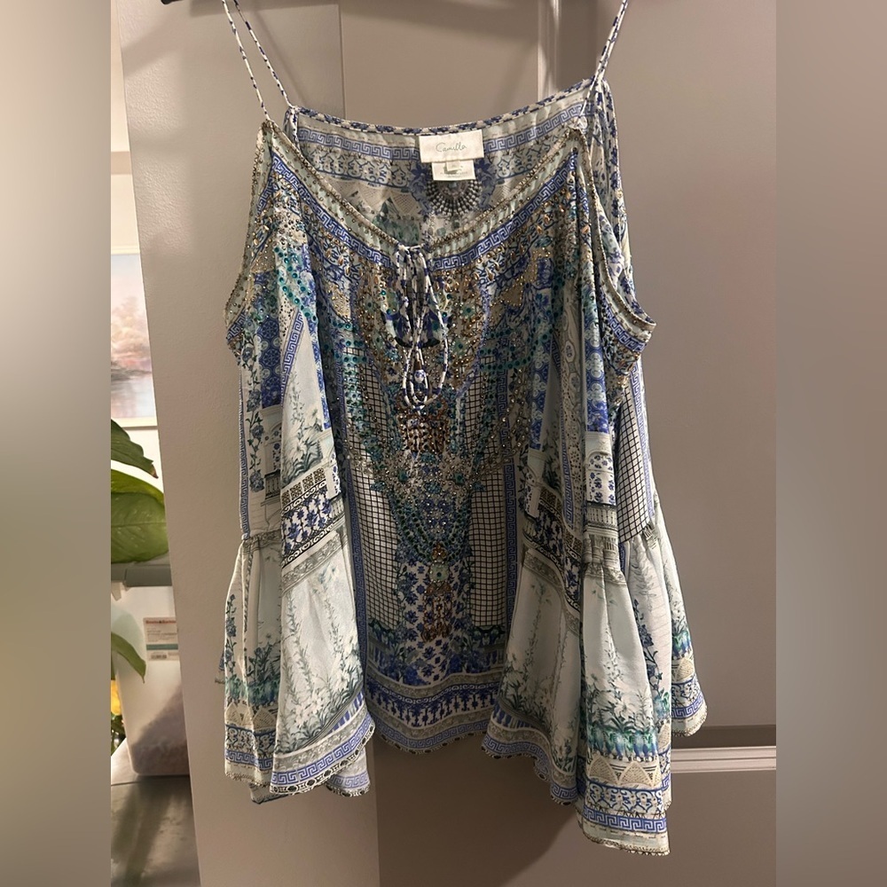 Camilla Silk Embellished Off-Shoulder Top Porcelain Blues Maximalist Boho Resort